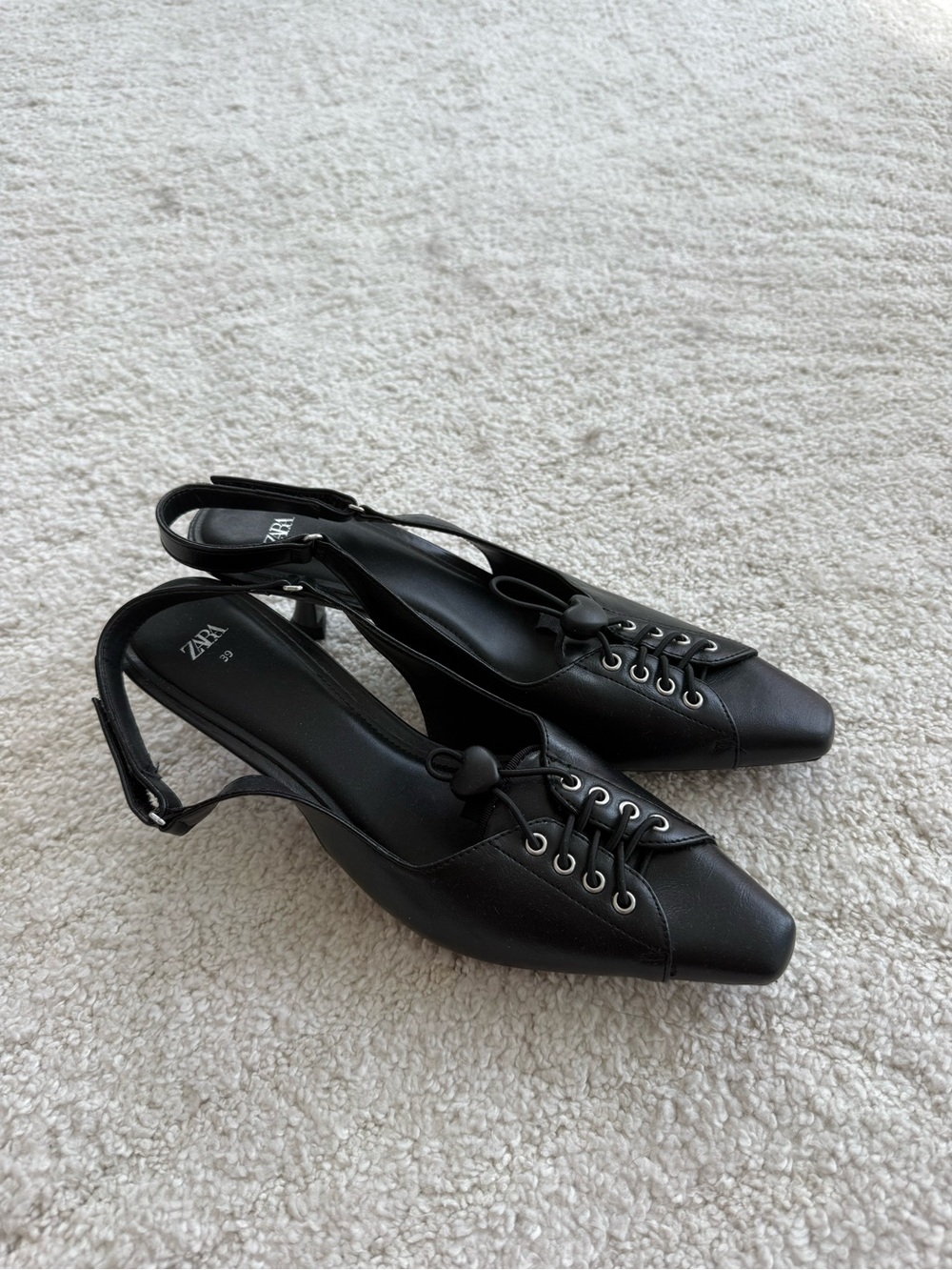 ZARA Black Slingback Pointed-Toe Heels with Lace-Up Detail